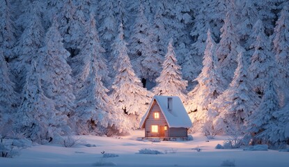 Snowy cabin refuge nestled deep within a snow-covered forest, lights on, promising warmth and escape from the winter wonderland.