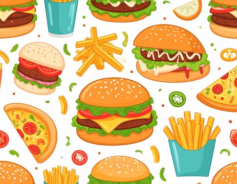 Delicious cartoon fast food pattern for kids menus
