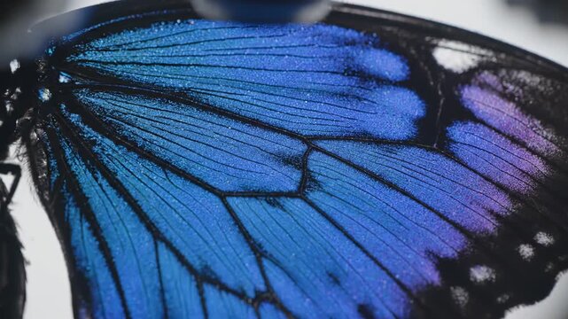 Close up view of microscopic examination of a blue butterfly wing showing detailed scale patterns and structural biology.