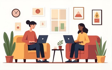 Set freelancers work at home office, relaxed characters working remotely on laptops at comfortable domestic environment. Outsourced freelance self-employed employees Line art flat vector illustration