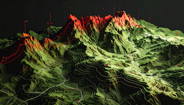 3D perspective tactical military map, realistic contour lines and terrain elevation, glowing red sound-wave graph flowing across mountain ridges.