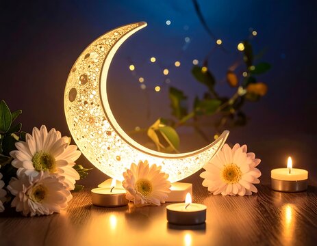 Glowing crescent moon with flowers, candles, and fairy lights