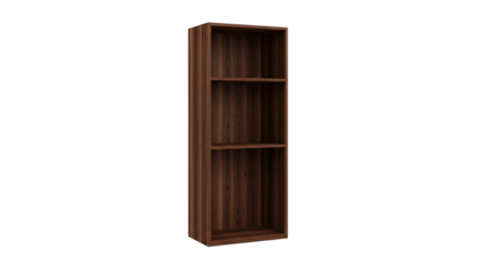 Tall narrow wooden bookshelf, with three open shelves, isolated on transparent background, cutout, PNG