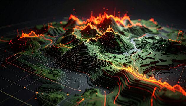 3D abstract map with contour lines, infinite terrain wave graph, olive green and black topographic background, steel gray grid.