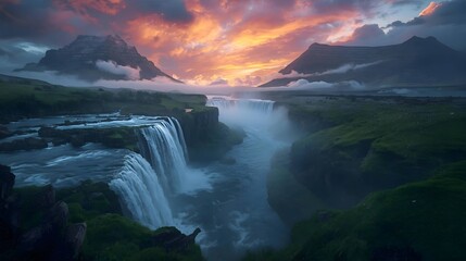 Waterfall mountain view at dawn
