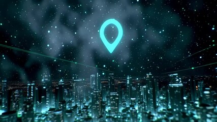 A futuristic digital city at night with a glowing location pin icon in the sky, representing global connectivity and navigation. - Powered by Adobe