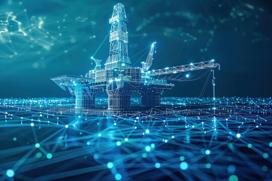 A modern oil rig glows with vibrant blue lights, overlaid with a complex digital network, representing technological advancement and energy production.