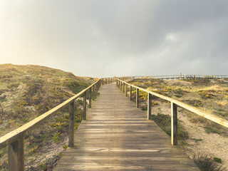 Fototapeta premium Rustic wooden boardwalk ascends through sunlit coastal dunes under a dramatic, cloudy sky in Furadouro beach, Ovar, Portugal.