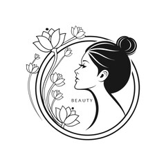 Elegant woman profile with lotus flowers in circle logo design
