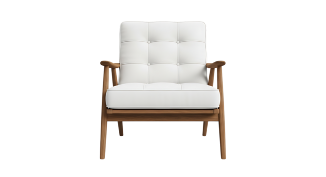 Tufted White Upholstered Armchair, with Wooden Frame, isolated on transparent background, cutout, PNG