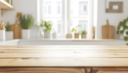 Empty Rustic Wooden Kitchen Table Top with Bright Blurred Interior Background Mockup