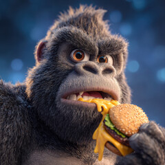 Gorilla eating cheeseburger with intense expression close up view