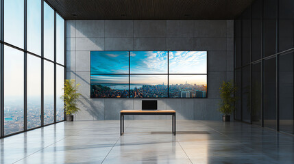 Bright Modern Office Space with Cityscape Display and Minimalist Desk