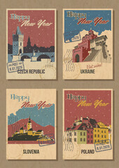 Happy New Year Greeting Cards, European Countries Main Attractions Postcards Retro Style Illustrations. Czech Charles Bridge, Ukraine The Golden Gate of Kyiv, Slovenia Blad Castle, Poland Old Market