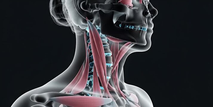 Anatomical illustration of the human neck and upper torso with muscles highlighted.