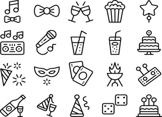 Set of Party Celebration Line Icons, Music Birthday Event Entertainment Symbols, Simple Minimalist Social Gathering Outline Vector Collection