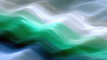 An abstract background featuring flowing, wavy forms in shades of deep blue, vibrant green, and soft white. The surface appears smooth and glossy, with gentle h