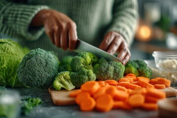 Person slicing broccoli and carrots for a healthy homemade meal preparation
