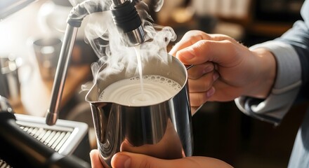 Barista Steaming Milk for Coffee Drink.