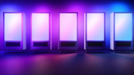 Vending machines stand in a row, illuminated by vibrant purple and blue lights. The glossy surfaces reflect the glow, creating a captivating nighttime scene in a bustling city