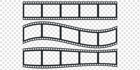 Film strip vector illustration set. Retro cinema movie filmstrip design. Vintage 35mm negative celluloid tape frame. Photography video border element collection. Old movie reel. 