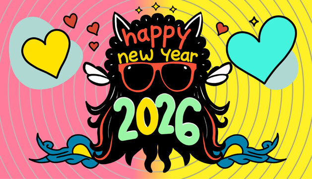 A vibrant and quirky doodle celebrating 2026. Featuring colorful numbers, hearts, and a playful monster wearing sunglasses against a retro background of pink and yellow swirls.