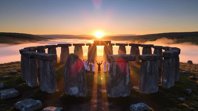 People in Robes Raise Hands at Stonehenge During Sunrise Ritual