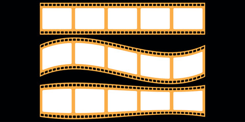 Film strip vector illustration set. Retro cinema movie filmstrip design. Vintage 35mm negative celluloid tape frame. Photography video border element collection. Old movie reel. 