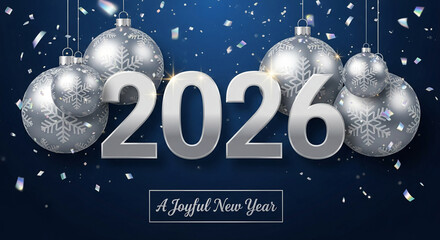 Silver number 2026 and ornament with snowflake on blue background, represents new year celebration, festive season, and joyful holiday moment