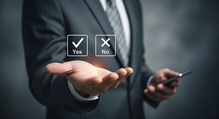 Make the right choice for your business success with a professional making decisions, weighing pros and cons with yes no options for strategic direction and growth
