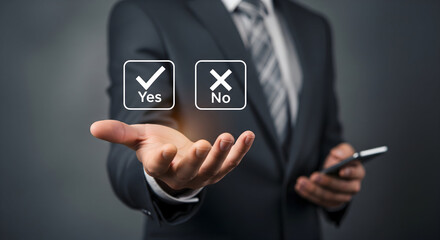 Businessman presenting choice between yes or no, offering solutions and strategic direction with digital options for making crucial decisions in a modern business world