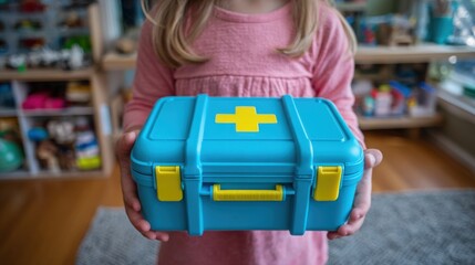 Child in Doctor Outfit Holding Blue First Aid Case with Yellow Cross