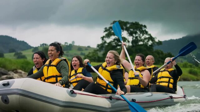 A group of women are white water rafting and appear to be having fun. They are wearing life vests and laughing as the raft goes through the rapids.