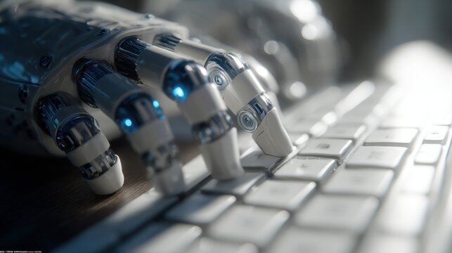 Futuristic interaction: Robotic hand typing on a computer keyboard with precision