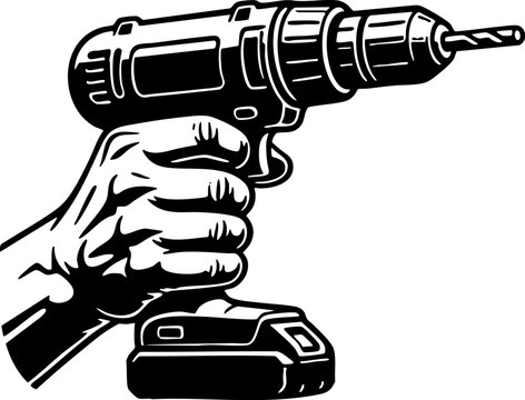 Hand Holding Cordless Power Drill Black And White.eps