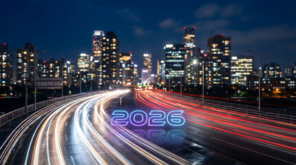 Experience the vibrant energy of 2026 in a stunning cityscape with dynamic light trails and a futuristic glow, perfect for expressing progress and innovation in the coming years