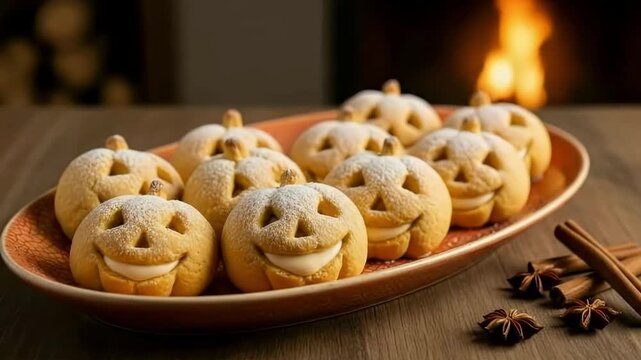 A delectable close-up captures a platter of charming, homemade-style pumpkin-shaped cookies, generously dusted with powdered sugar and featuring delightful carved faces. Each sweet treat is filled wit