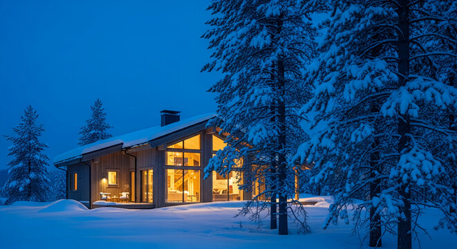 Exterior view of a wooden house in snowy, forested landscape, lit by warm light. It represents winter holiday, cozy life and peaceful winter scene.