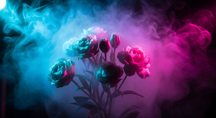 Dramatic bouquet of roses shrouded in blue and pink neon smoke and mist against a dark background.