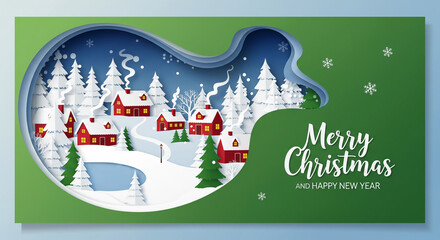 Fototapeta premium Festive paper art style Christmas village with snowy houses, pine trees, and a green background.