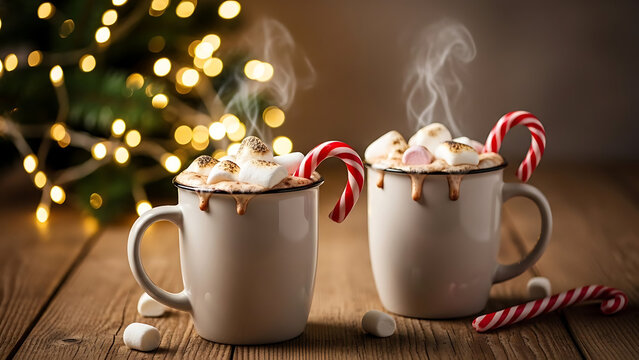 Warm mugs of hot chocolate topped with marshmallows beside Christmas lights
