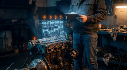 Innovative mechanic uses AR to diagnose car engine issues in his garage offering a modern solution for auto repair and maintenance with a cutting-edge tech interface