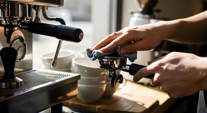Close up of a barista cleaning a portafilter before making coffee. - Powered by Adobe