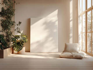 Indoor Plant Setting with Blank Canvas and Sunlight Shining Through Window