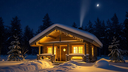 Fototapeta premium Snow-covered cabin glowing with warm lights on a peaceful winter night 