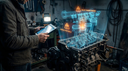Mechanic uses augmented reality on tablet to diagnose engine problems in automotive repair shop, visualizing valve timing and piston issues for efficient maintenance and advanced vehicle care