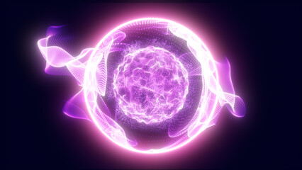 Soft glowing pink energy core wrapped in swirling luminous ribbons of particles forming a radiant futuristic sphere