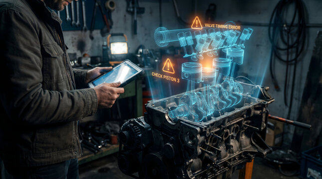 Mechanic uses augmented reality on tablet to diagnose engine problems in automotive repair shop, visualizing valve timing and piston issues for efficient maintenance and advanced vehicle care