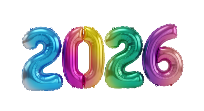 Colorful foil balloon numbers forming 2026 year isolated on transparent background