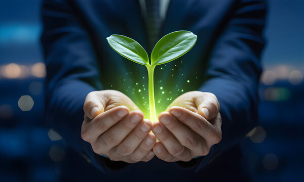Businessman carefully nurturing new company growth with seedling in hand representing sustainable success, corporate vision and innovative business strategy for the future